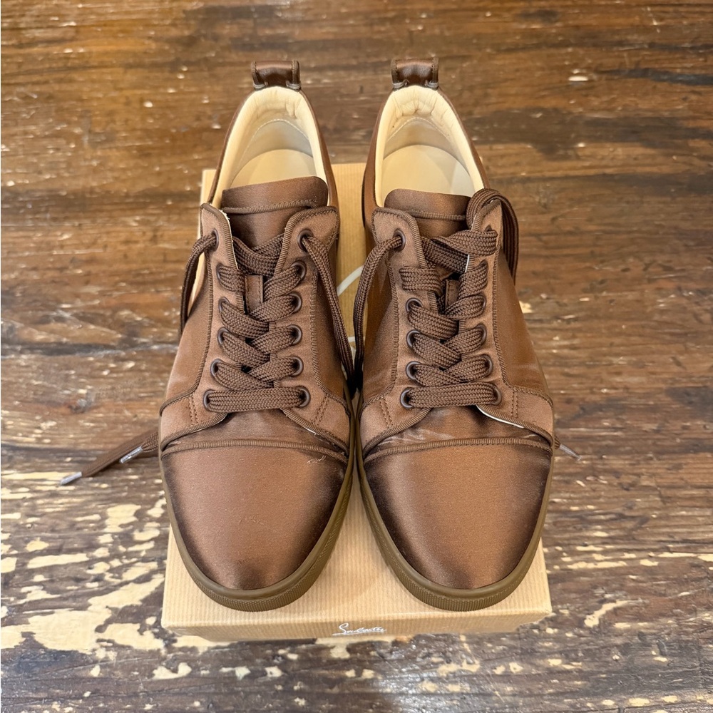 Christian Louboutin Satin Low-Top Sneakers with Iconic Red Soles—-Espresso Brown